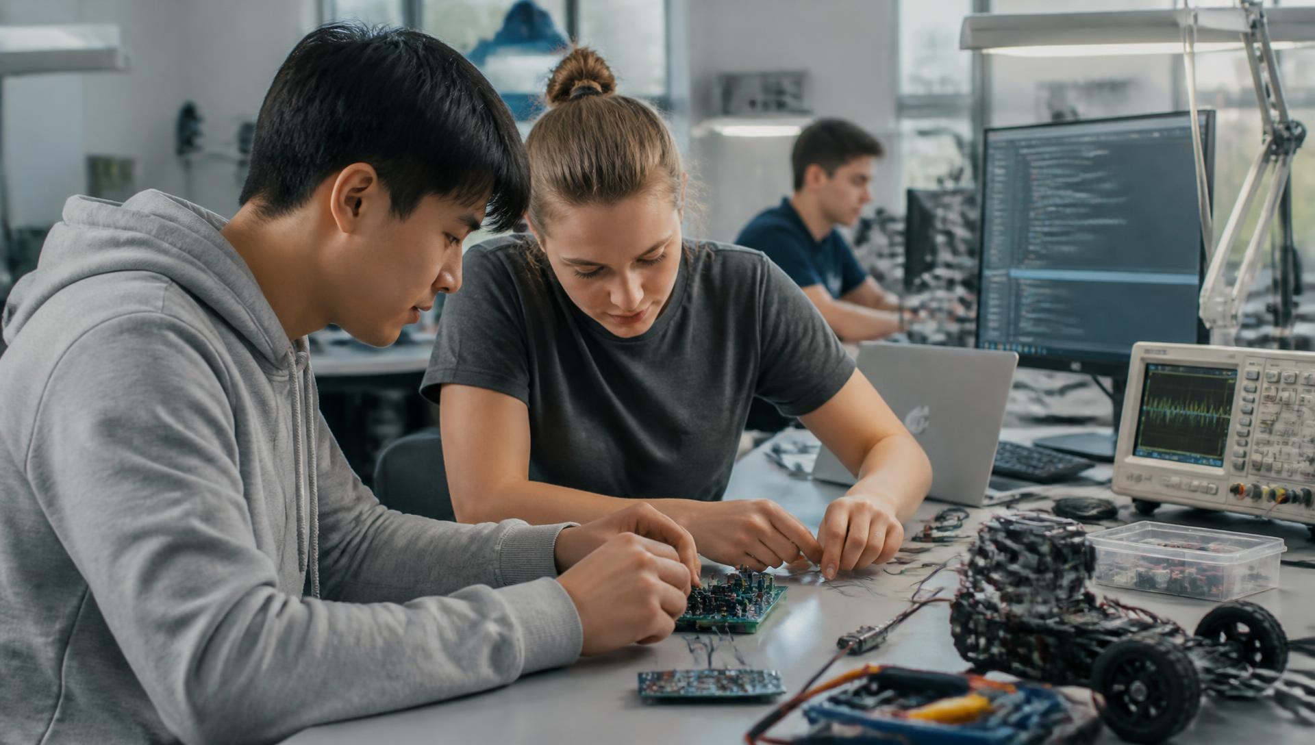 Students assembling electronics and development boards in a technology laboratory